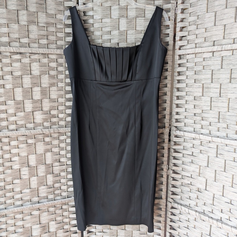 Calvin Klein Sheath Dress Black Pleated Square Neck Sleeveless Classic LBD 12